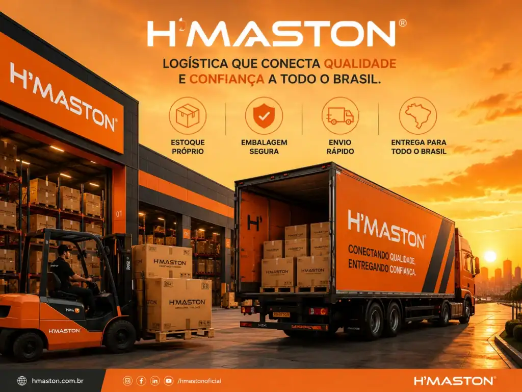 Furgão de transporte da H'MASTON com caixas de produtos, destacando a logística eficiente e confiável no Brasil.