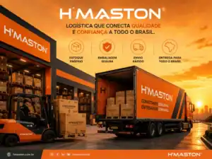 Furgão de transporte da H'MASTON com caixas de produtos, destacando a logística eficiente e confiável no Brasil.