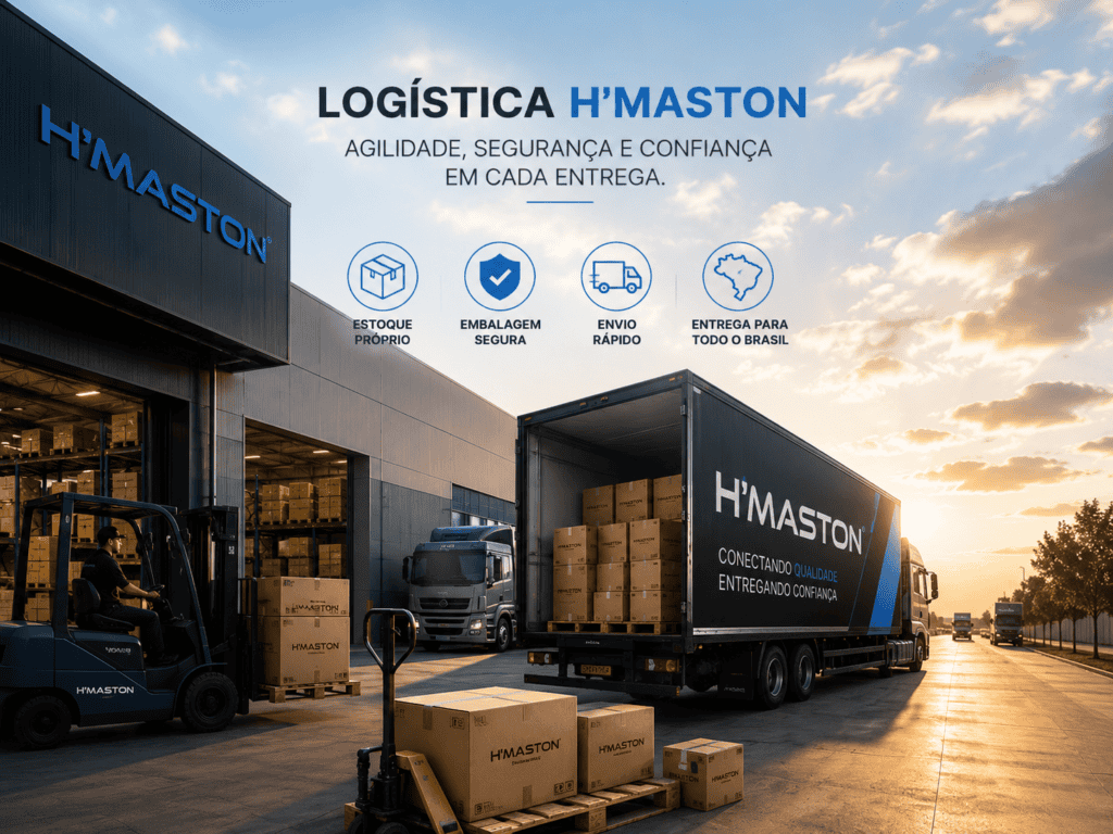 Frotas de caminhões da H'MASTON realizando entregas rápidas e seguras em todo o Brasil, destacando a eficiência e confiabilidade na logística.