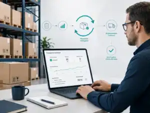 Homem analisando dados de estoque em computador com gráfico de gerenciamento de estoque e fluxo contínuo de abastecimento.