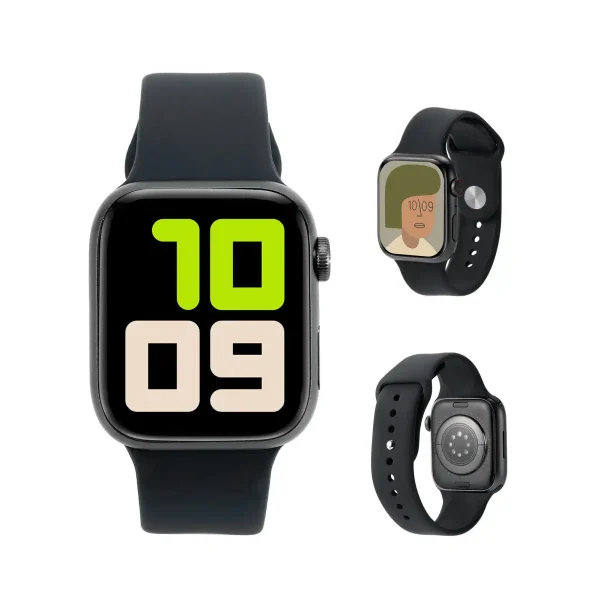 Relógio inteligente Apple Watch com display grande e pulseira de silicone preta, foco em tecnologia, inovação e estilo de vida saudável. Produto ideal para quem busca praticidade e conectividade no dia a dia.